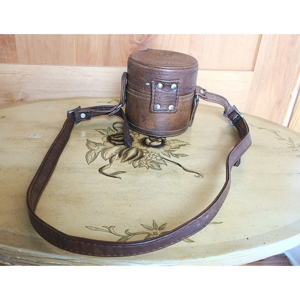 Vintage Brown Leather Camera Lens Carrying Case Adjustable Strap Retro Academia